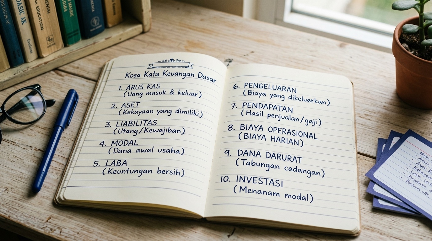 Buku catatan terbuka berisi daftar istilah keuangan dasar di samping kacamata baca dan secangkir kopi