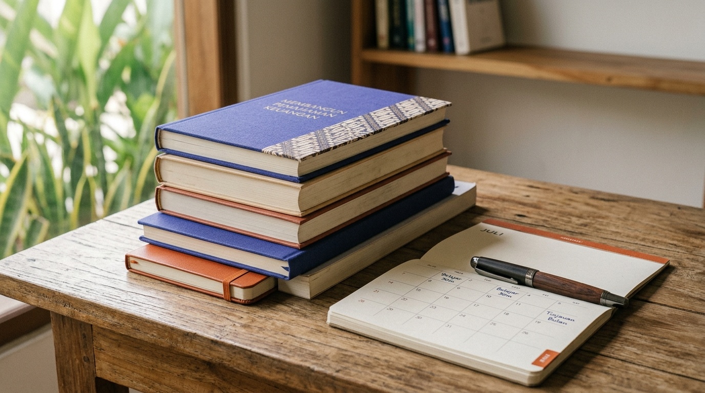 Buku catatan terbuka, secangkir teh, dan jam meja di dekat jendela yang terang menggambarkan kebiasaan belajar yang tenang