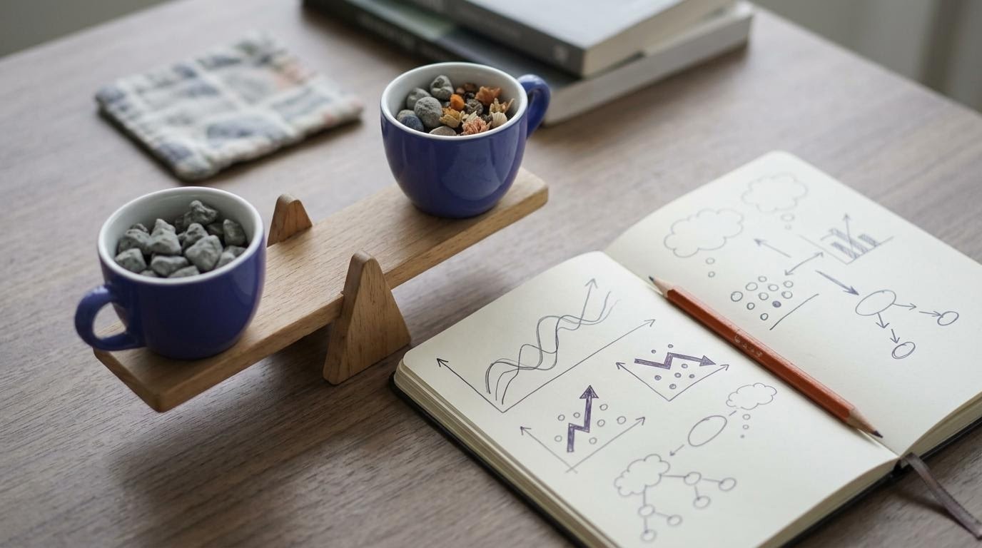 Grafik harga yang naik turun pada layar bersama buku catatan dan secangkir kopi di atas meja kerja yang tenang